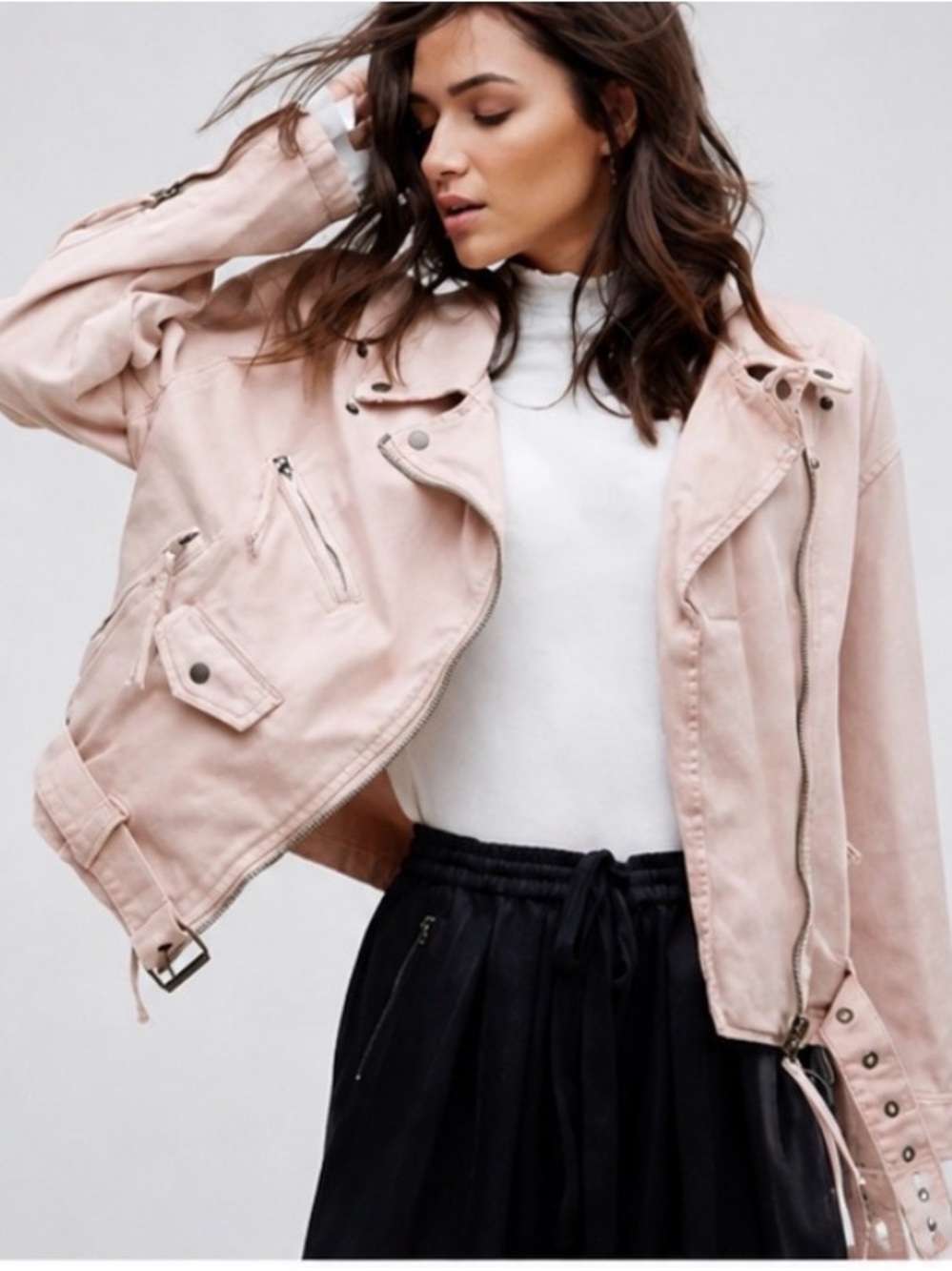 Free People Jacket Moto Washed Pink Denim Lace Up Sides Belted Zippers Sz M